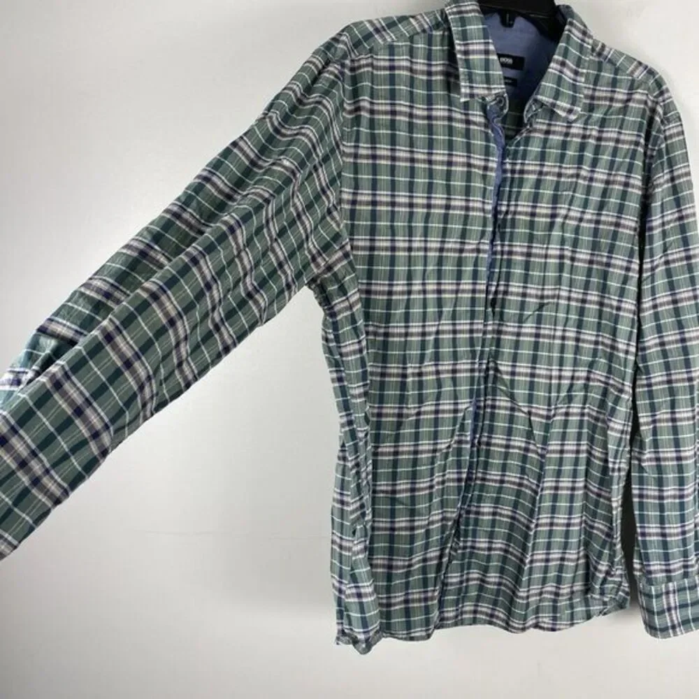 Hugo Boss Mens Plaid Shirt‎ Button Up Sz XL Preppy Work Business Casual